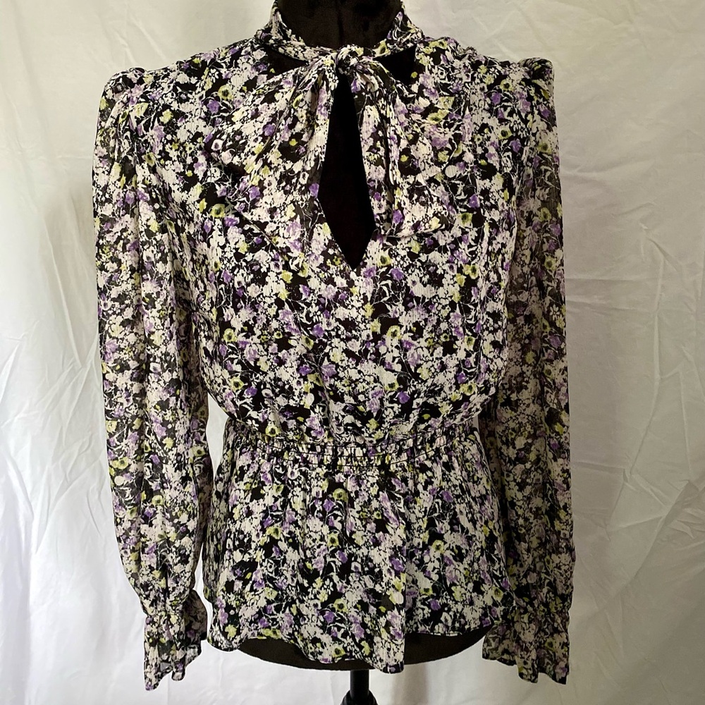 River Island Floral Tie Neck Blouse - Long Sleeve Cinched Waist Puff Sleeve UK16